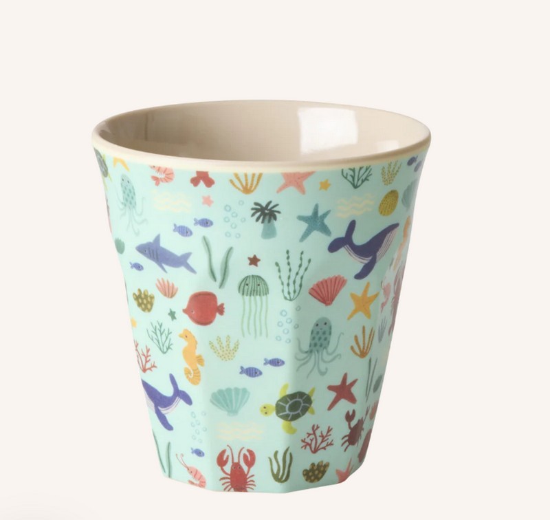 Bicchiere acqua in melamina decorato con animali marini con interno azzurro